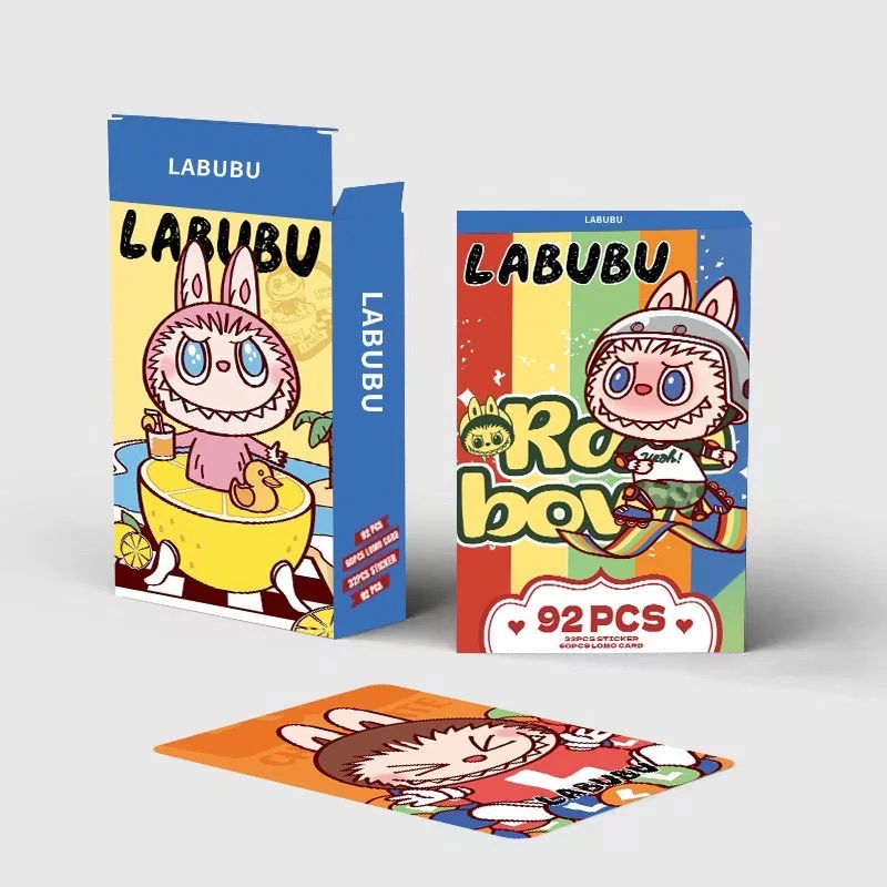 92Pcs Labubu Anime 홀로그램 LOMO 카드 - 팬 및 선물용 스티커가 포함된 귀여운 소장용 캐릭터 사진 카드