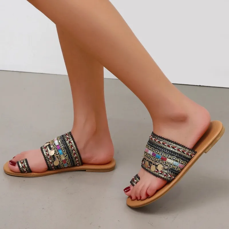 Large Size 43 Elegant Women Flat Slippers Tassel Sandals Bohemian Beach Outdoor Knitted Upper Flip Flops with Clip Toe Ring