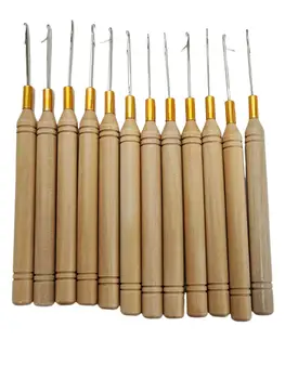 SPIKFN 12pcs/packs Loop Hook Needles Wooden Handle Hook Hair Threader for Micro Ring Beads Hair Cold Fusion Hair Extensions