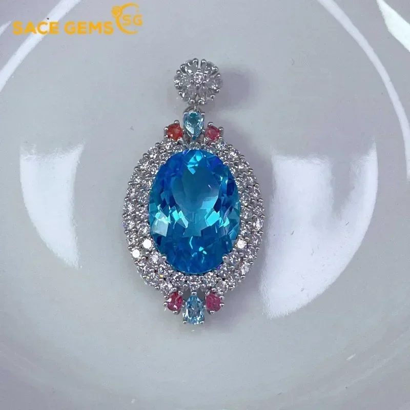 

SACE GEMS Luxury 100% 925 Sterling Silver 13*18MM Natual Sky Blue Topaz Pendant Necklace for Women Cocktail Party Fine Jewelry