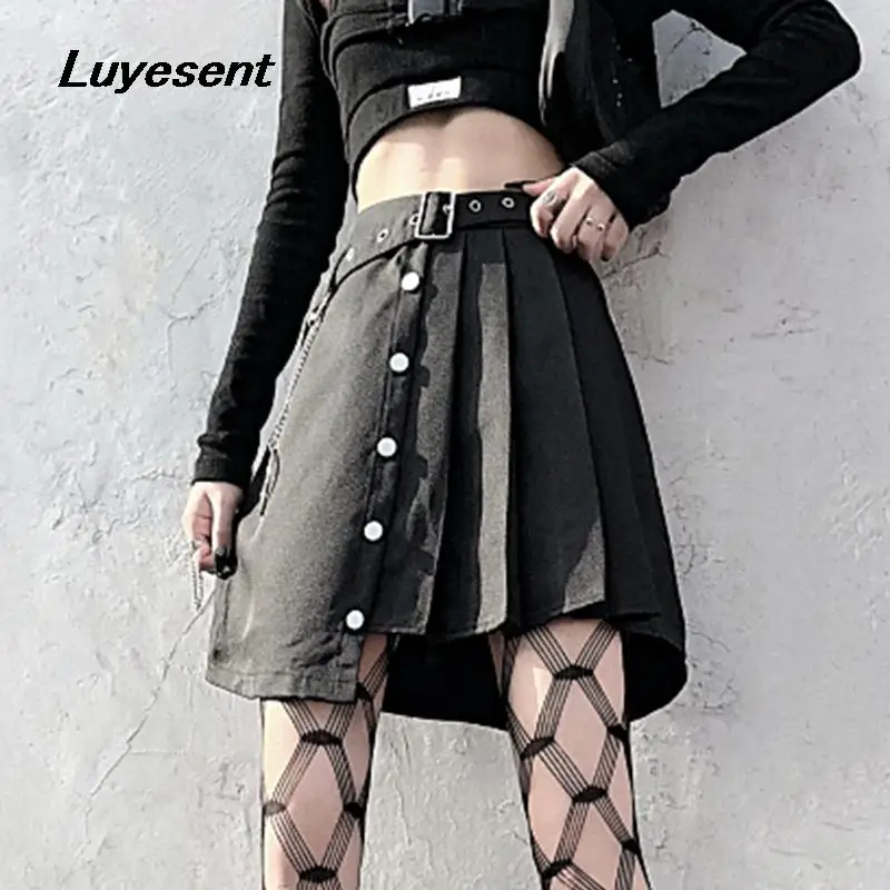 

Mini Pleated Skirts For Women Punk Solid Black White Short Skirt 2023 Spring Single Breasted Belt Streetwear Gothic Clothing