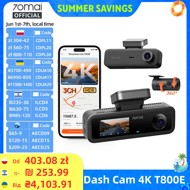 70mai T800E 4K Dashcam 3-Kanal mit GPS
