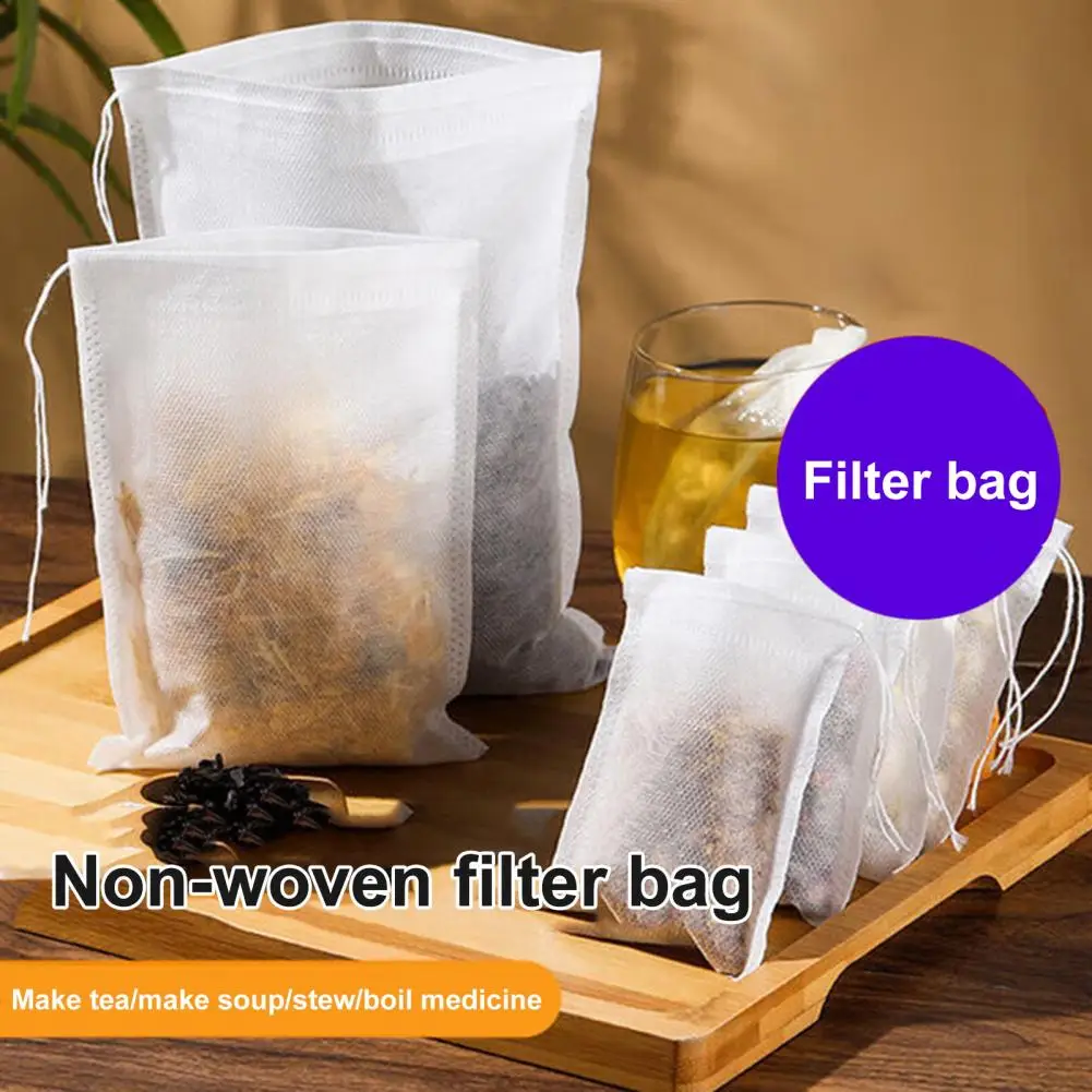 

100Pcs Tea Infuser Bags Disposable Heat-Resistant Food Grade BPA Free Dense Holes Drawstring Seal Filter Herb Tea Empty Bags