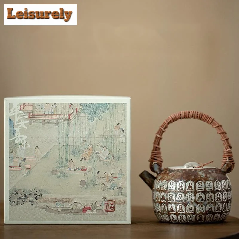 230ml Retro Old Rock Mud Teapot Gilded Silver Buddha Vine Weaving Lifting Beam Pot Tea Brewing Kettle Chinese Tea Set Collection