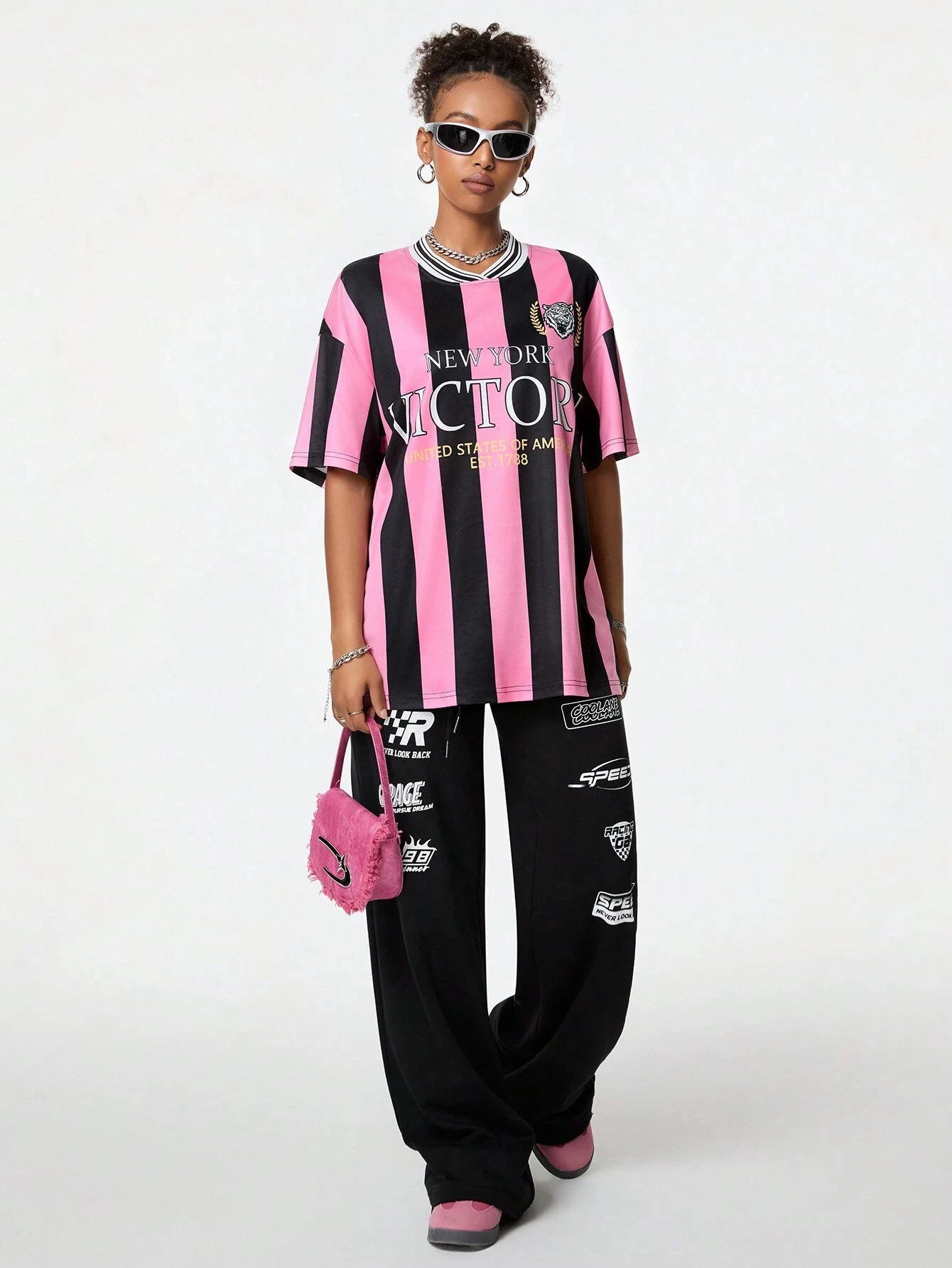 Summer Women's Short Sleeve Blockcore Letter Printed Pink