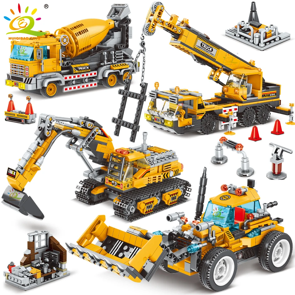 Huiqibao Toys 2 In1 Engineering Truck Building Blocks Gru Bulldozer Escavatore Car City Construction Moc Bricks For Children Kid