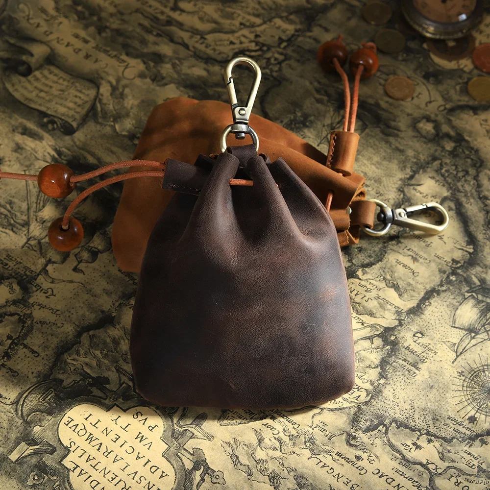 Handmade Genuine Leather Unisex Coin Purse Portable Money Pocket With Metal Hook Retro Drawstring Wallet Storage Bag coin purse coin wallet
