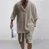2024 Summer Casual Shorts Set Knitted Two Piece Men's Clothing V-Neck Short Sleeve T-shirt and Shorts Streetwear Knit Outfits 1