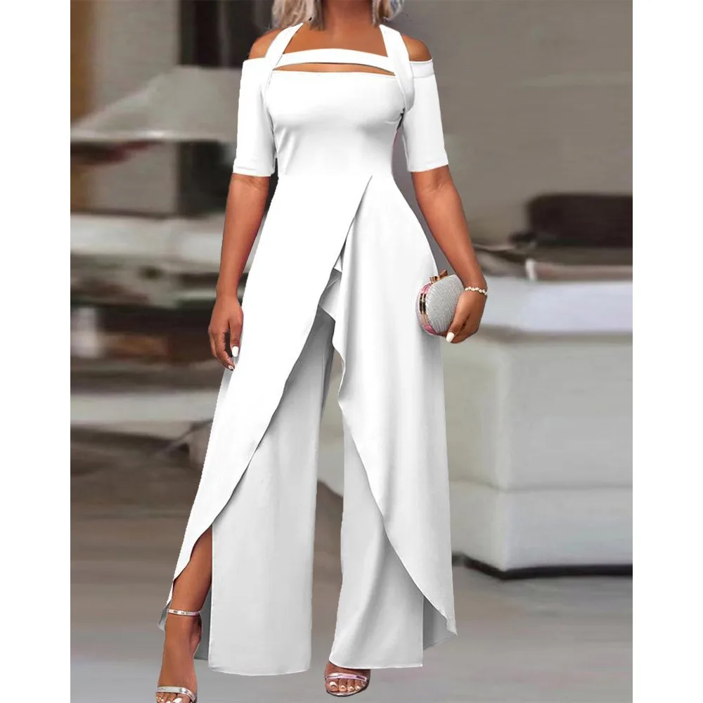 

Y2K Strapless Solid Color Halter Jumpsuit Big Swing Short Sleeve Jumpsuits Women Summer Rompers Long Split Pants Jumpsuits