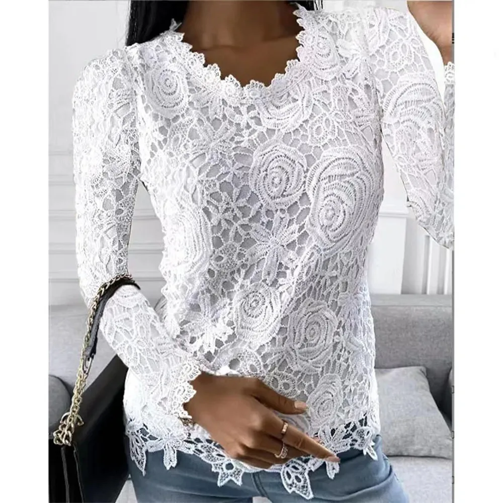 

Women Autumn Sexy White Lace Patchwork Shirt Blouse Long Sleeve O-Neck Mesh Top 2023 Spring Elegant Hollow Out Shirts Pink