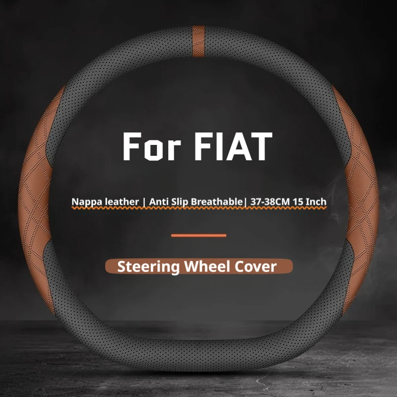 Premium Leather Non-Slip Breathable Car Steering Wheel Cover, 37-38cm,