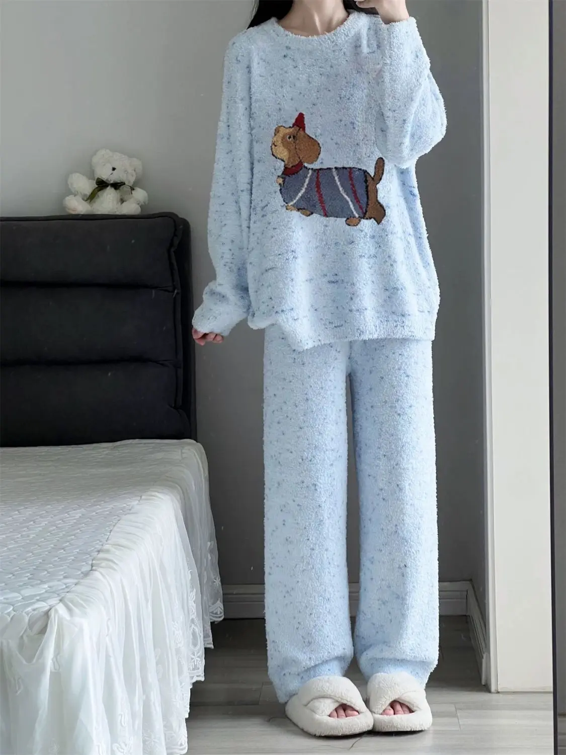 Coral Velvet Pajamas Women Winter Sweet Cute Dog Leisure Thickened Girls Homewear Blue Soft Warm Set
