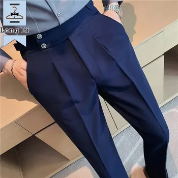 2023 남성 비즈니스 캐주얼 드레이프 하이 웨이스트 바지, 단색 포멀 바지, 포멀 오피스 사교 정장 바지, 고품질