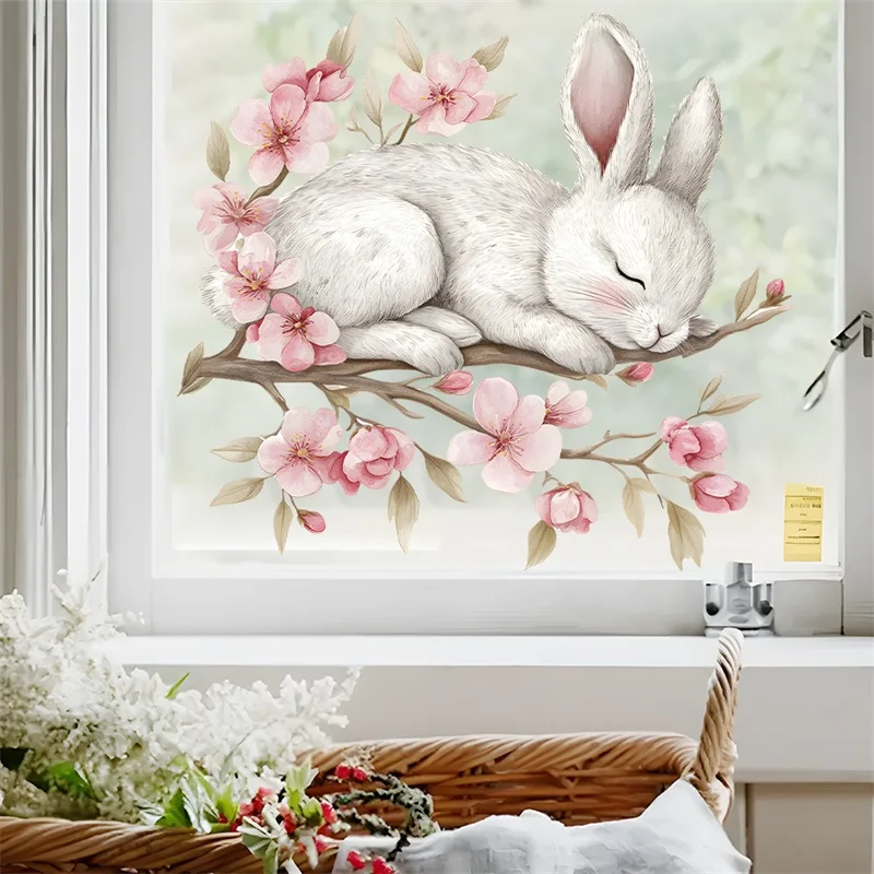 Cute Easter Sleeping Bunny Window Stickers Double Sided PVC Self-adhesive Kid's Room Home Decor Glass Decals Party Supplies Gift