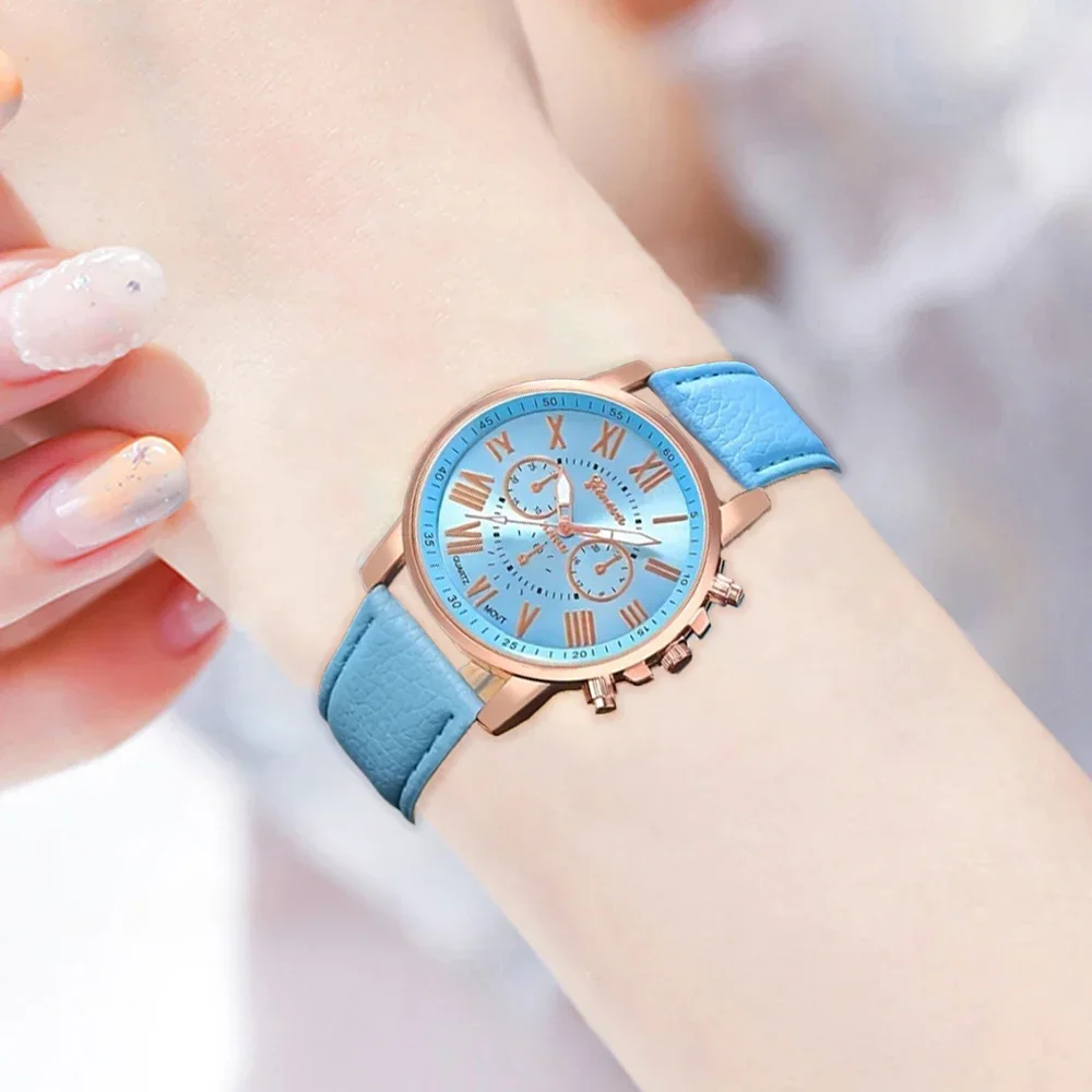 5PCS Fashion Women's Quartz Watch Leather Band Analog Wrist Watches Heart Rhinestone Jewelry Set(Without Box)