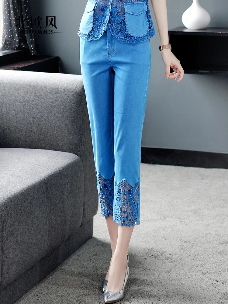 

2023 spring and summer new arrival denim stitching embroidery hollow out lightweight large size jeans women fashion slim jeans