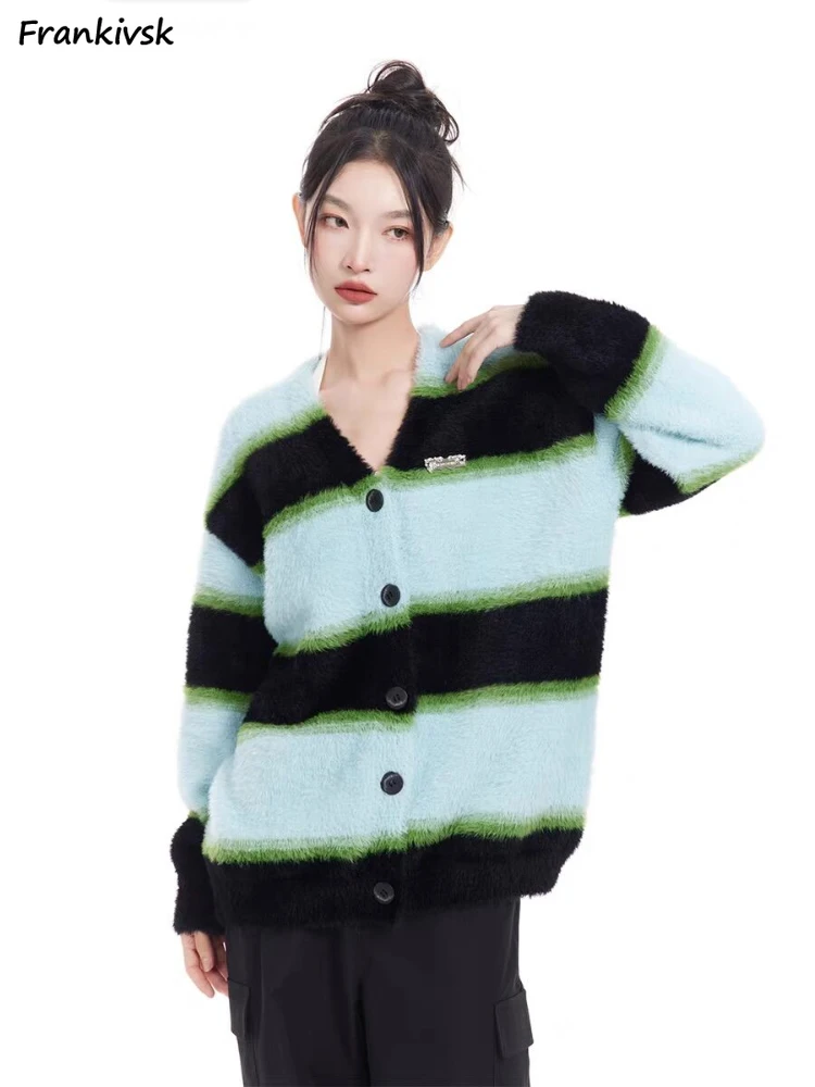 

Striped Panelled Cardigan Women Autumn New Korean Preppy Style Hipster Knitwear All-match High Street Aesthetic College Stylish