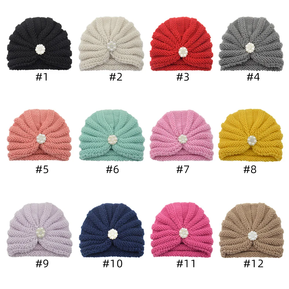 Baby hat set crochet knitted pearls flower for winter