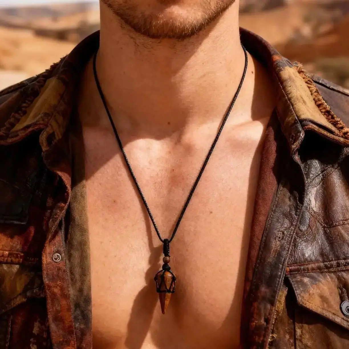 Natural Stone Pointed Necklace for Men,Adjustable Black Rope Healing Gemstone Pendant,Stylish Ethnic Cowboy Style Jewelry Gift