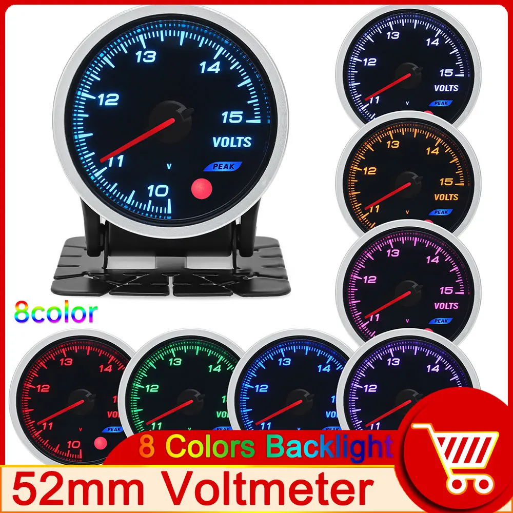 

HD 52MM Voltmeter Volt Meter Gauge 12 Volts Car Voltage Gauges with 8 Colors Backlight 9.5V-15V Replacement Parts for Interior