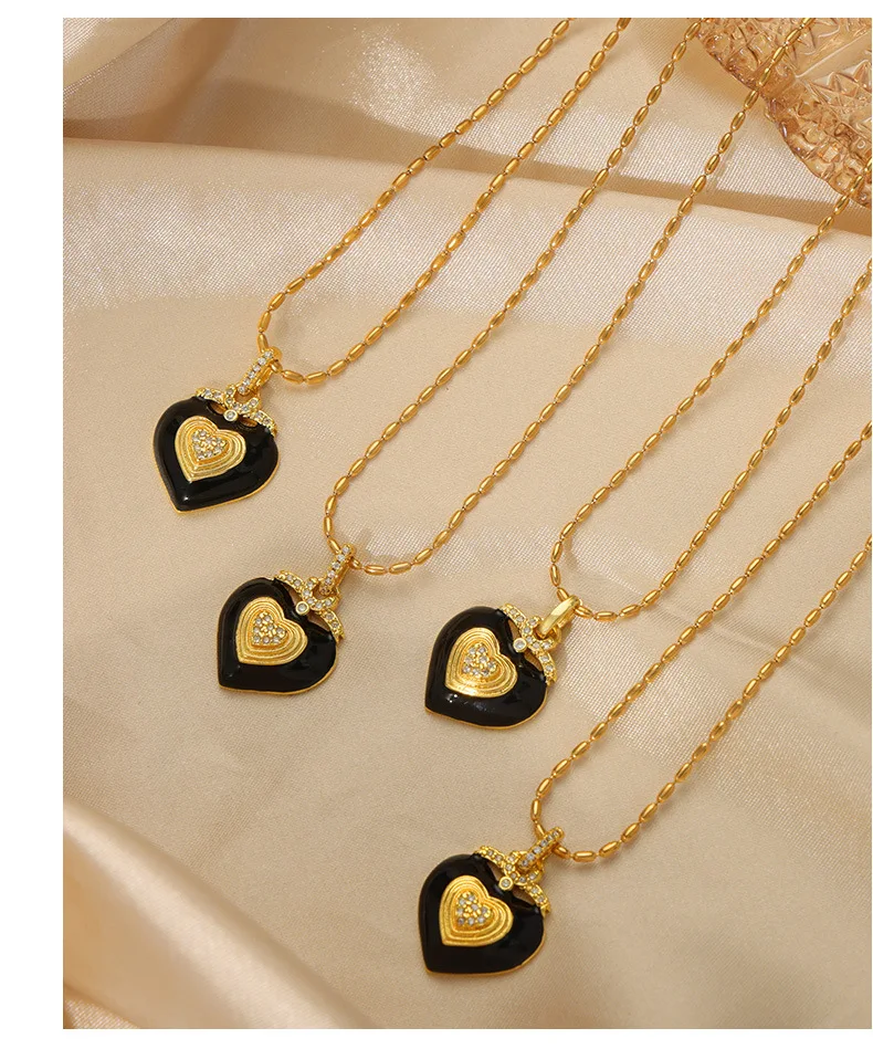 Schwarze Herz-Anhänger-Halskette für Damen, Edelstahl, runde Perlenkette, luxuriöse Kristall-Halskette, Hochzeitsschmuck, Accessoires – Detail 8
