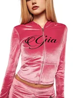 Nouvel ensemble minimaliste pour femme : veste à capuche zippée en velours rose vif et pantalon décontracté coupe ajustée 1