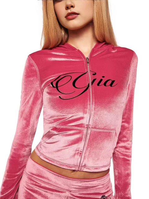 Nouvel ensemble minimaliste pour femme : veste à capuche zippée en velours rose vif et pantalon décontracté coupe ajustée 1