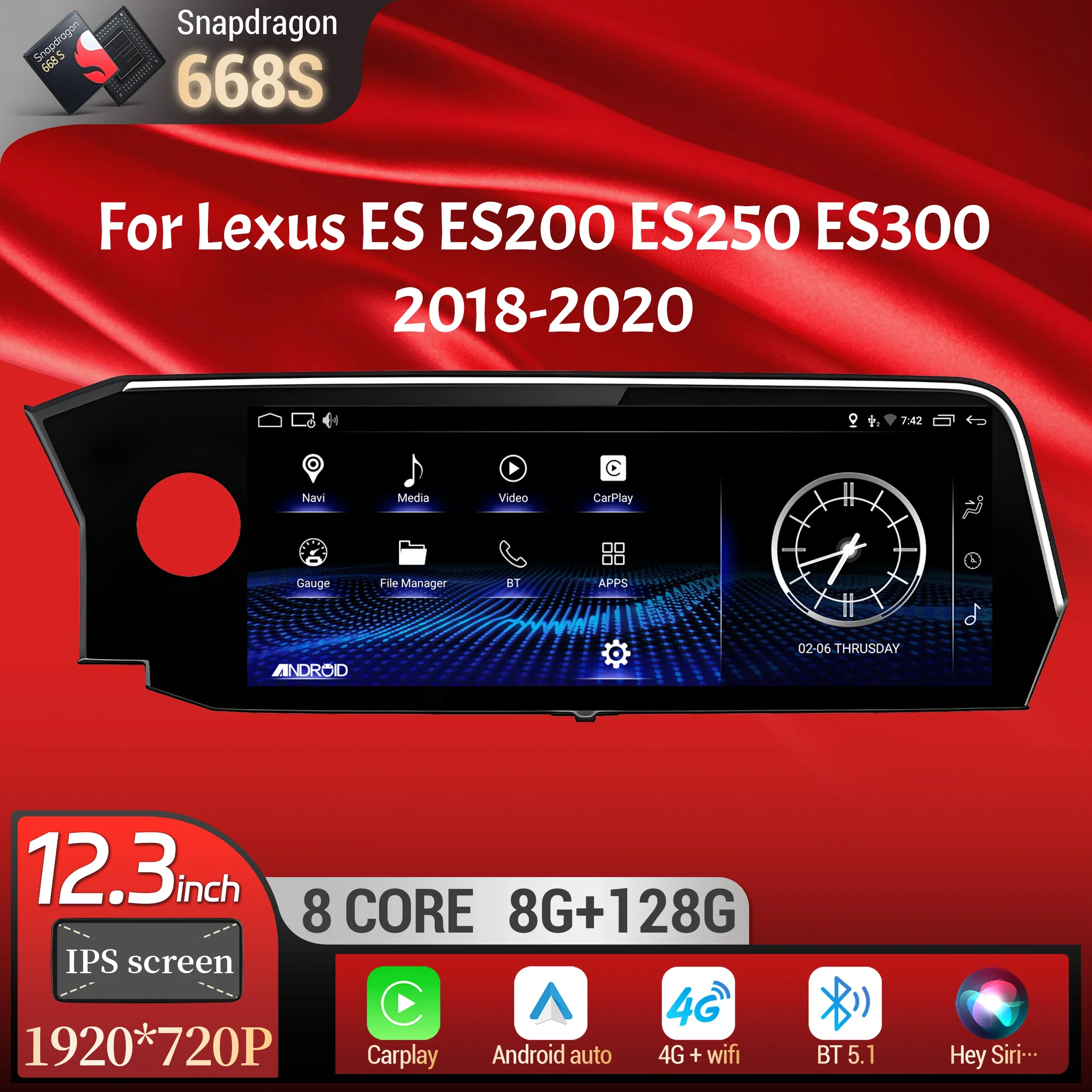Radio de coche Android 14 de 12,3 pulgadas para Lexus ES ES200 ES250 ES300 2018-2020 Multimedia BT Carplay Snapdragon 668S pantalla de unidad principal 1