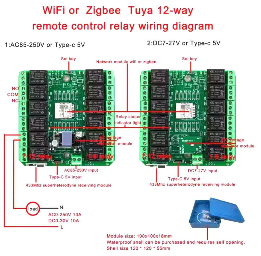 DC 7-27V Tuya 12 Channels WiFi/Zigbee Relay Module 12CH Wireless Smart Home