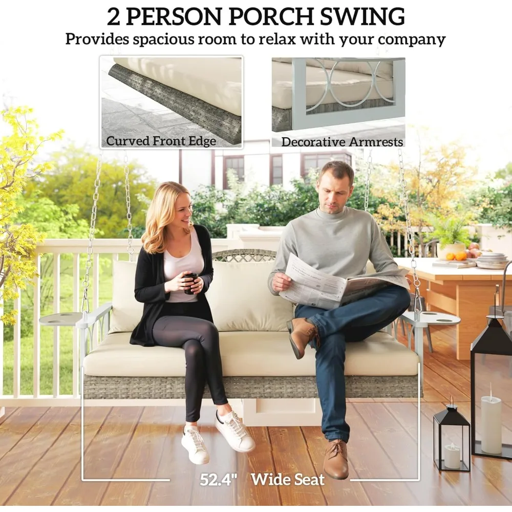 3 Person Wicker Porch Swing Chair Heavy Duty 800 LBS with Cup Holder, 57 Inch Outdoor Rattan Patio Hanging Swing Bench with Cus 3