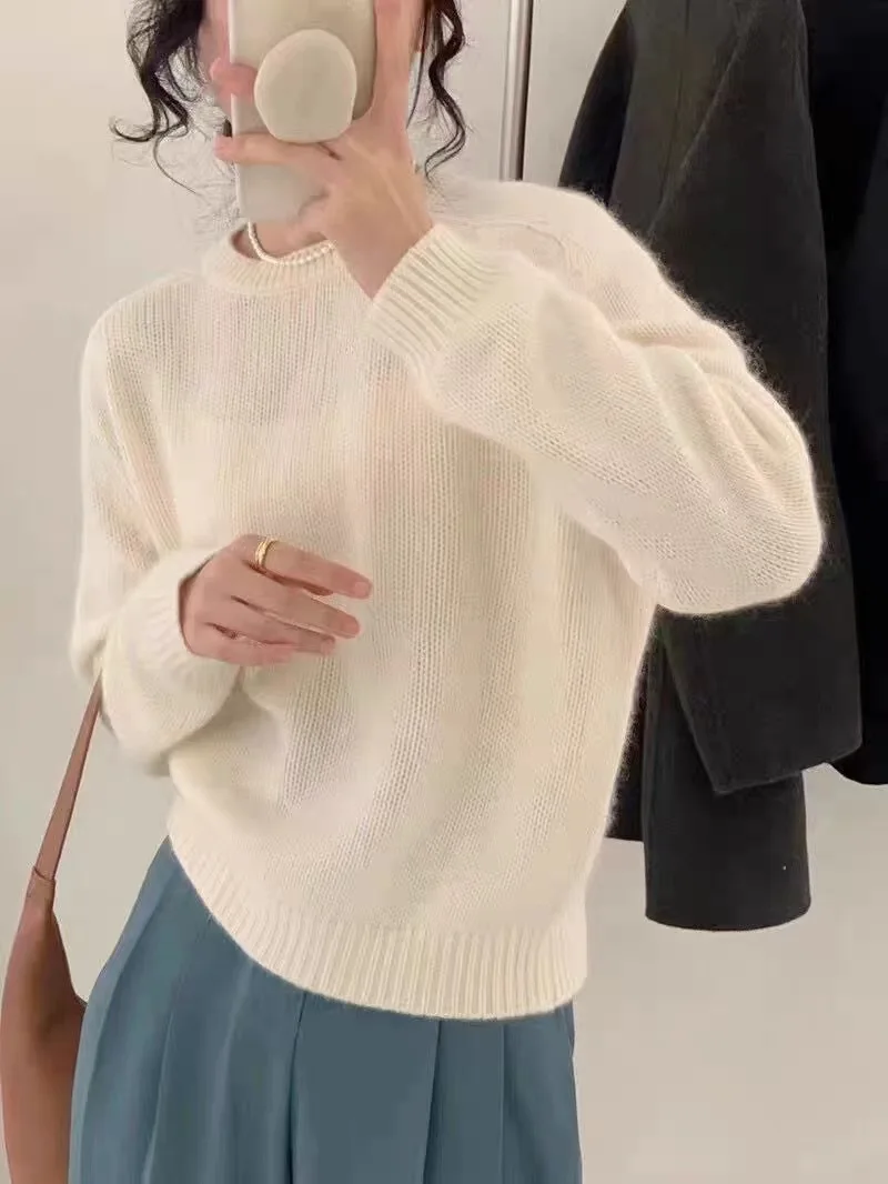winter wool women's casual solid color round neck long sleeved loose sweater 4