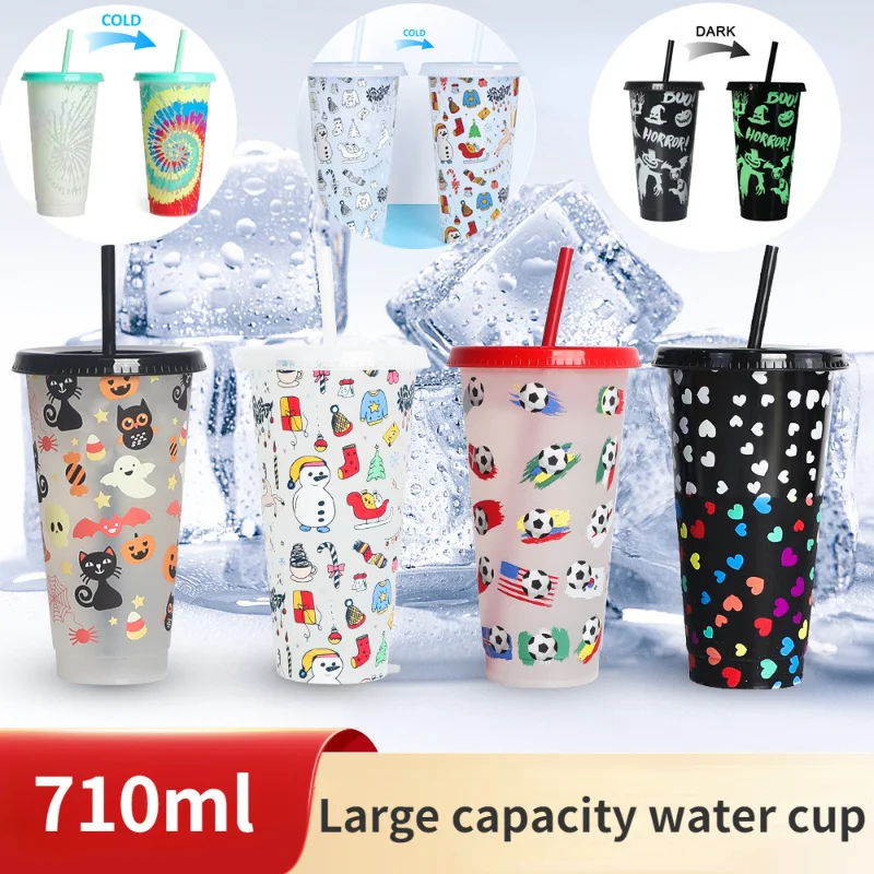 710ml Reusable with Straws Creative Water Cups Changing Colour Cup Magical  Plastic Cold Water Color Changing Cup for Halloween