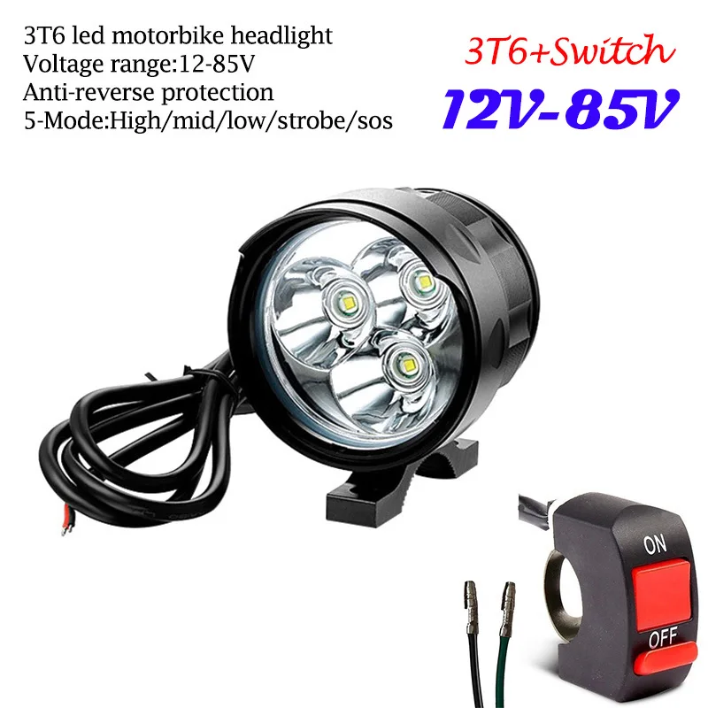 

12V-85V Electric Bicycle Light 3T6 7T6 Modified Motorcycle Headlight EBike Lamp External Motorbike Cycling Front Lighting 5Modes