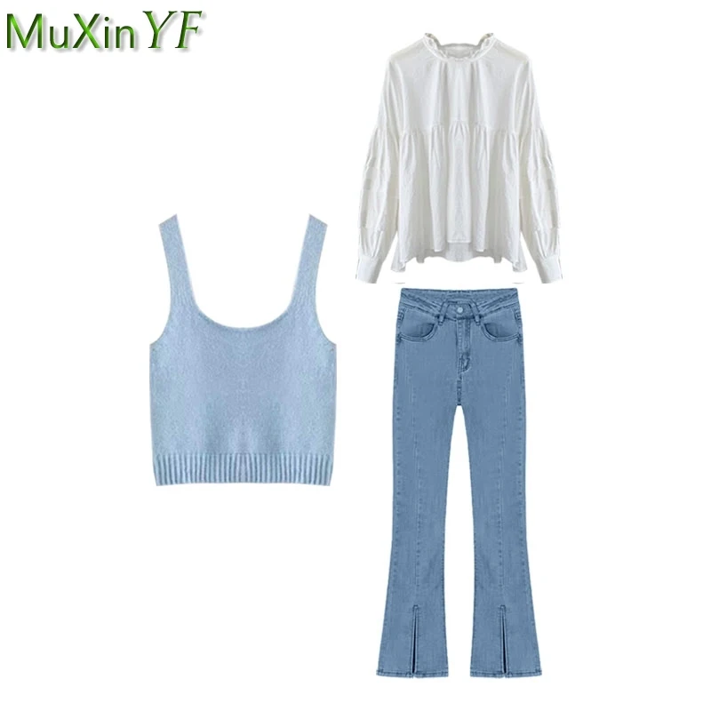 Women's Student Daily Joker Clothing Spring Autumn Blue Knit Vest Shirt Denim Flare Pants Outfits Graceful Joker Jeans Female юбка средней длины luckymarche daily banding flare qwkax23211nyx