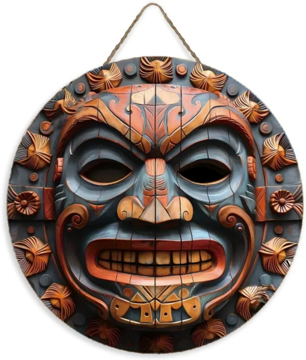 Warrior Hawaiian Tiki Metal Wall Art Disc Tropical Island Decor Round Sign 8in