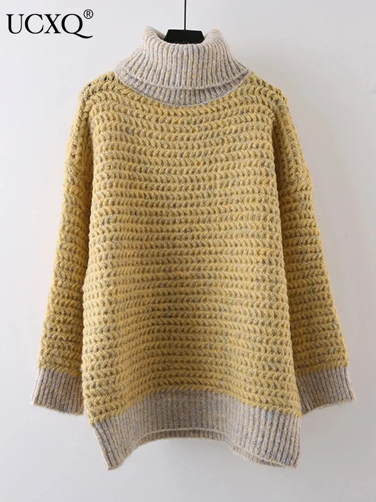 

UCXQ Winter Thickened Turtleneck Sweater For Women Versatile Long Sleeve Patchwork Loose Pullovers Top 2023 Autumn Winter