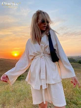 

Clacive Summer Loose Biege Suit For Women Fashion Long Sleeve Lace-Up Shirts Two Piece Shorts Set Casual High Waist Shorts Set