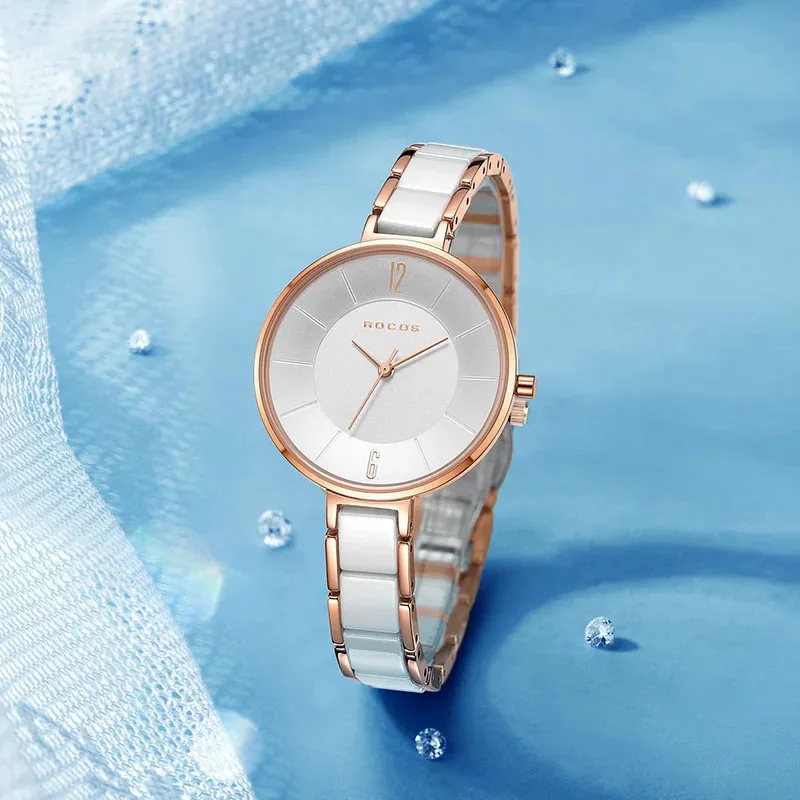 ROCOS Women's Ceramic Fashion Quartz Watch Elegant Luxury Ladies Watches Waterproof Quartz Watch for Women Slim Ceramic Clock