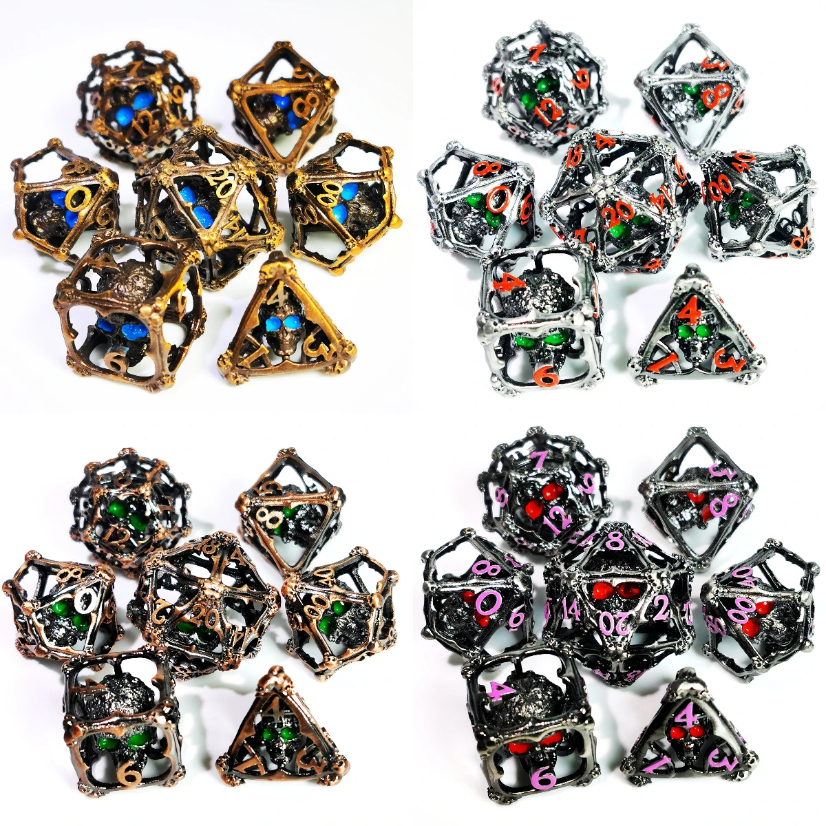 DND Metal Dice Set - Green Skull Pattern Zinc Alloy & Resin 7pc D&D Dice, Handcrafted RPG Polyhedral Dice Set 6