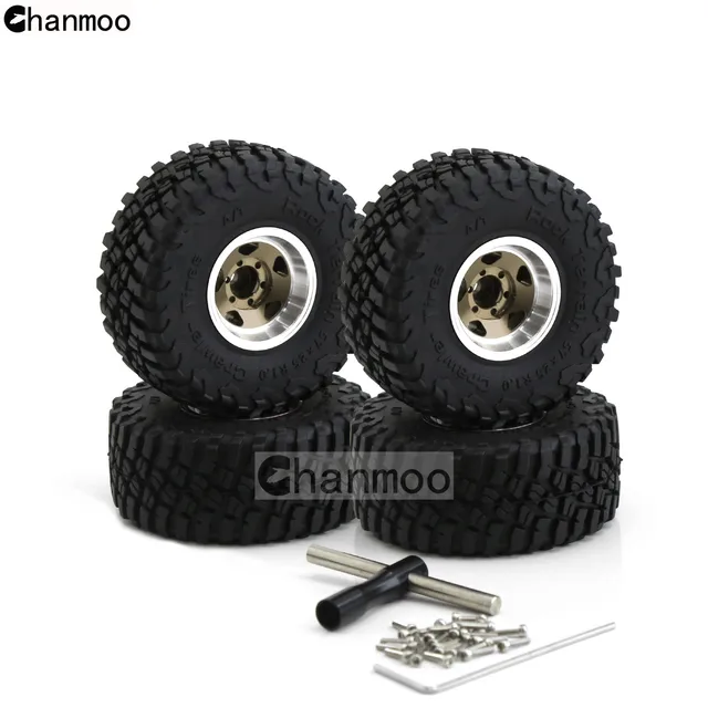 1.0 Beadlock Wheels & Tires Set - 4PC Aluminum Rims For SCX24 AX24 TRX4M RC Crawlers