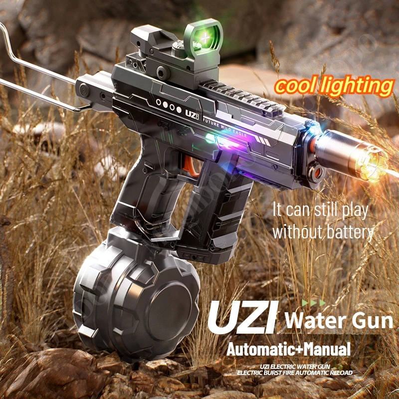 LED Electric UZI Water Pistol Toy Automatic Water Absorption Squirt Gun Rapid Fire Blaster Outdoor Beach Toys for Kids Boy