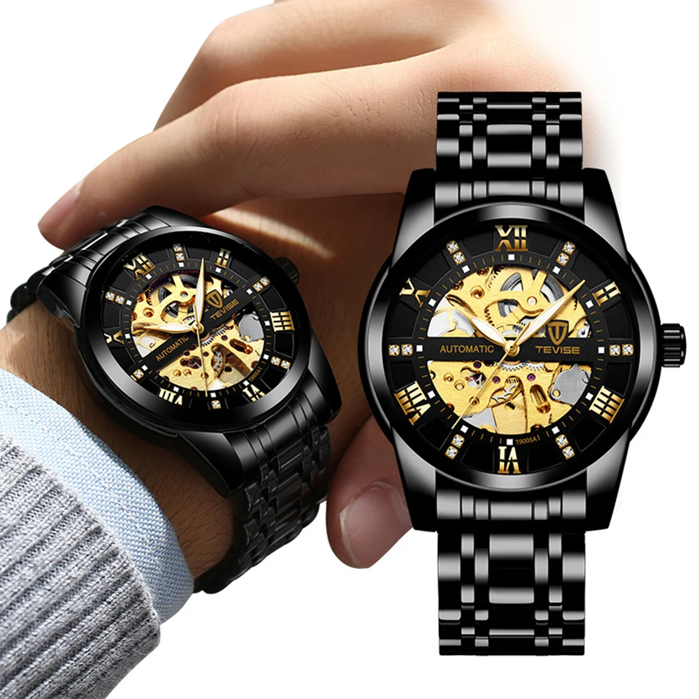 Luxury Automatic Men's Watch with Black Gold Skeleton Design and Diamond Dial