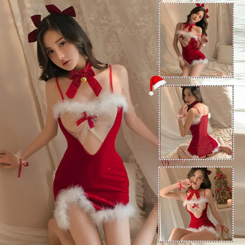 

Новое рождественское нижнее белье, женское сексуальное кружевное Прозрачное платье, соблазнительная плюшевая ночнушка, костюмы для косплея