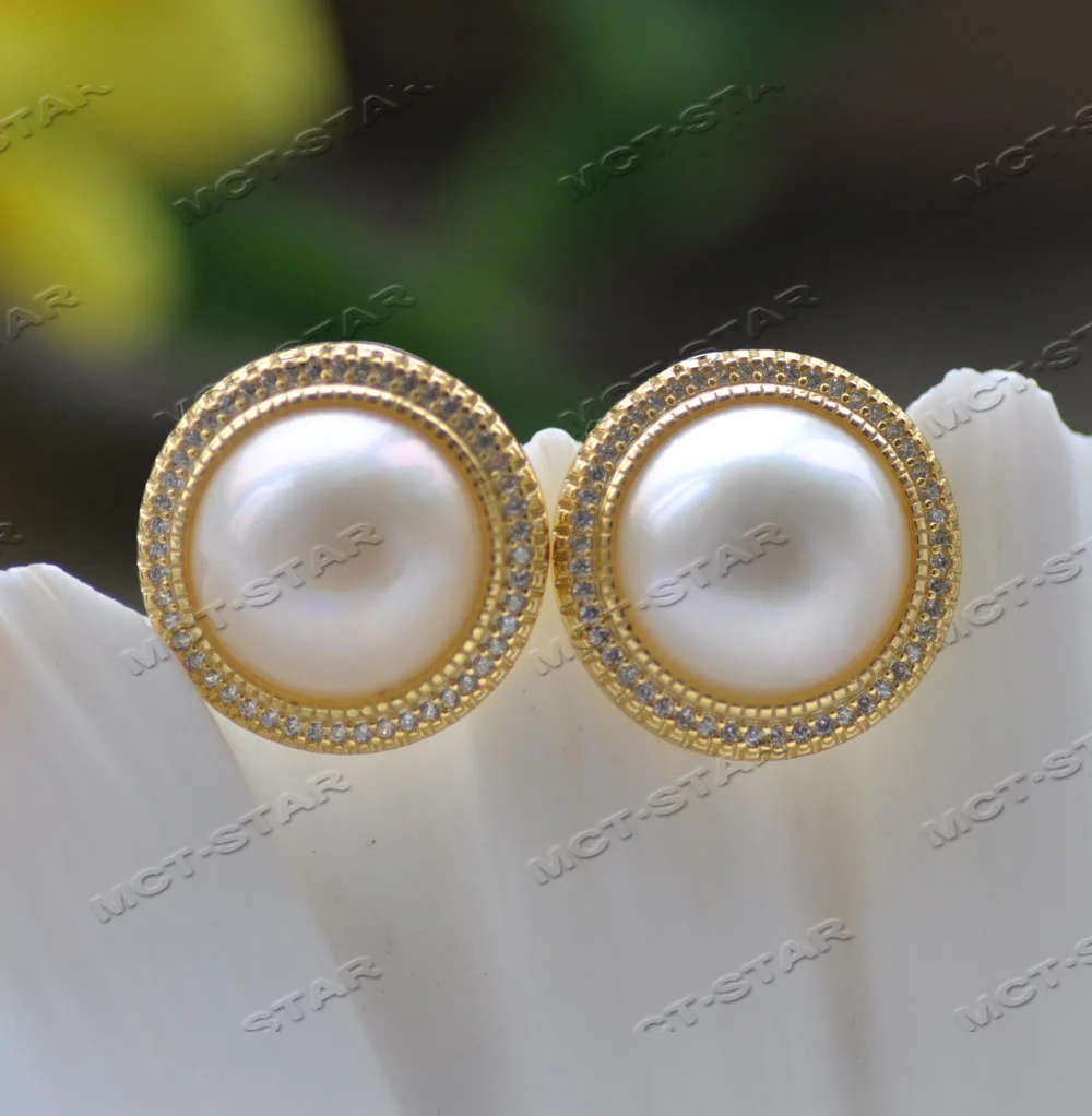 

MTC·STAR Z12436 Huge Real 19mm White Shell South Sea Mabe pearl 925Sliver Earring CZ