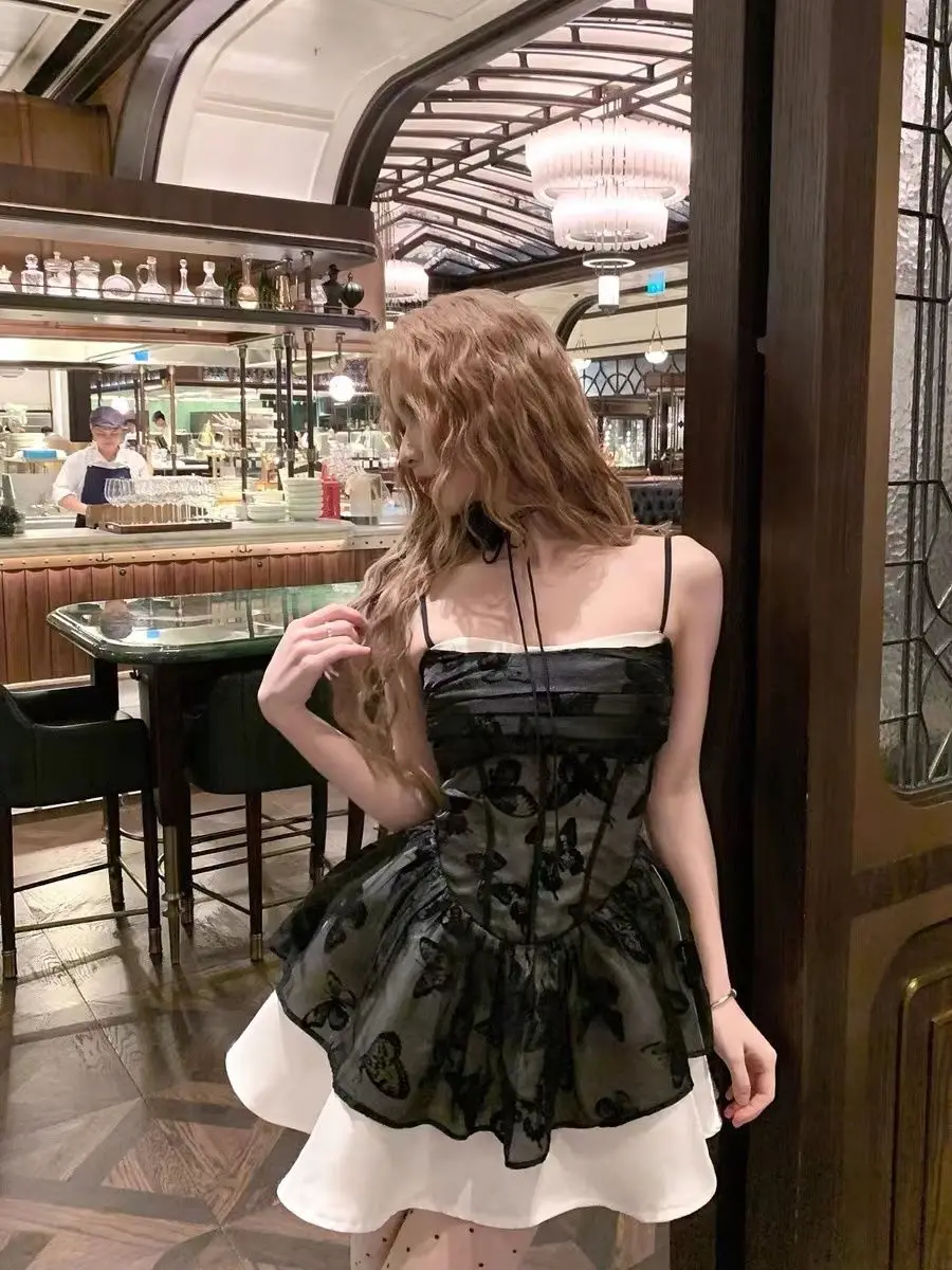 Y2K Spaghetti Strap Lace Patchwork Ruffles A-line Short Dresses for Women Summer Party Dress Korean Fashion One Piece Vestido