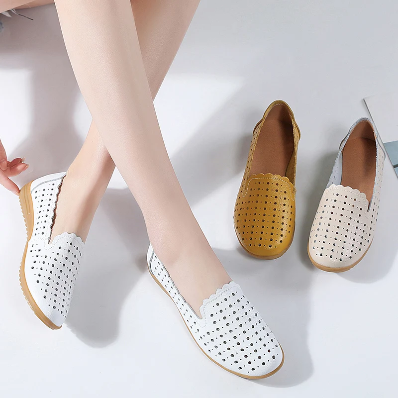 Summer Women Fashion Casual Shoes Leather Slip-on Flats Loafers Ladies Designer Sneakers Hollow Out Breathable Women's Moccasins women shoes,women sneakers,women flats,casual shoes