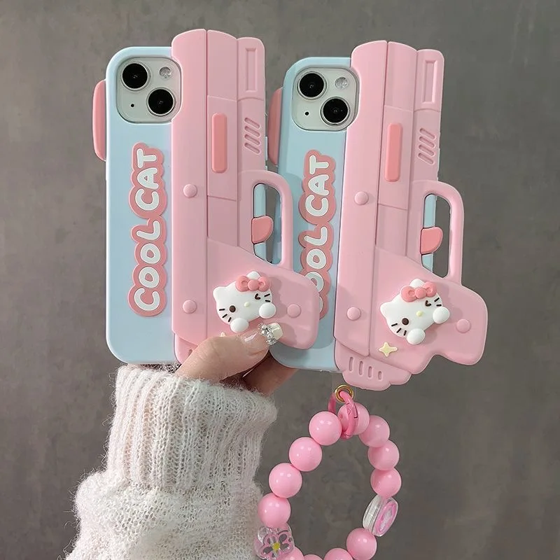 

3D Sanrio Hello Kitty Pink kawaii pistol model With bracelet cartoon Phone Cases For iPhone 15 14 13 12 11 Pro Max Back Cover