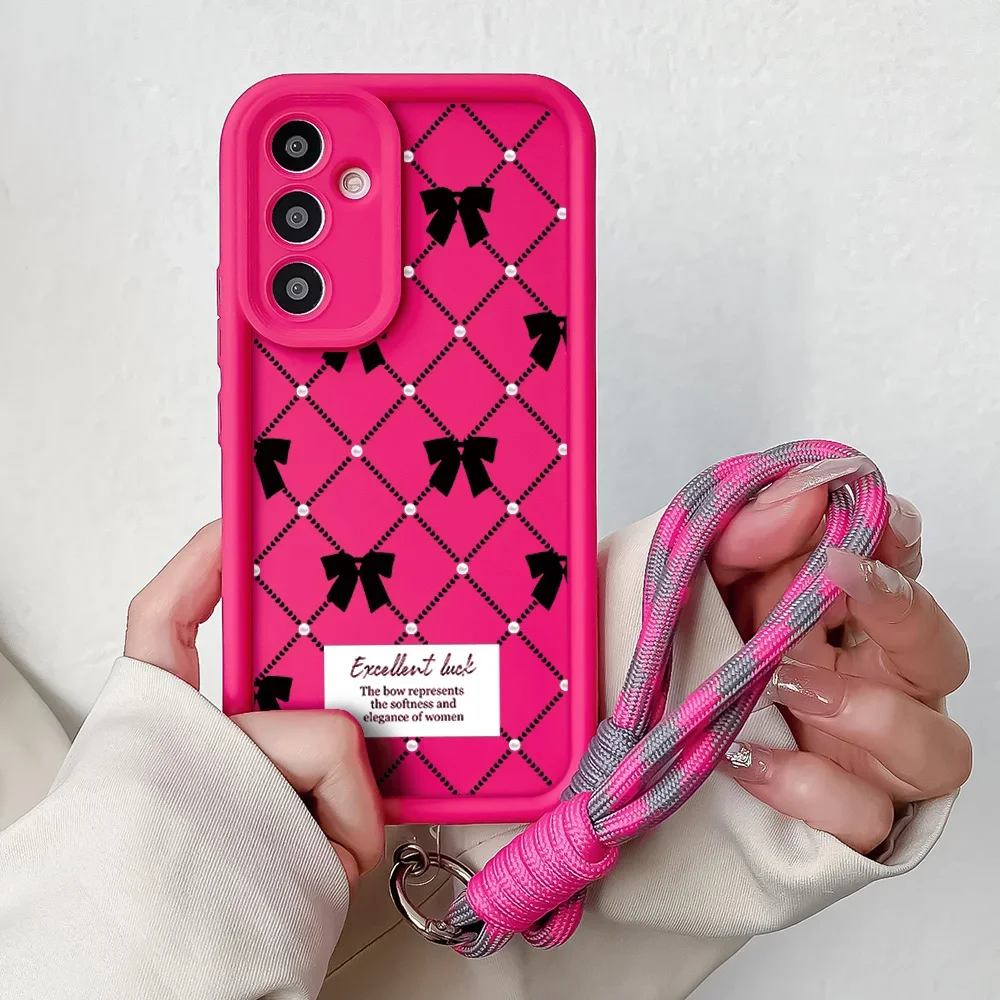 Elegant Wrist Chain Lanyard Phone Case with Grid Pattern and Bow Design