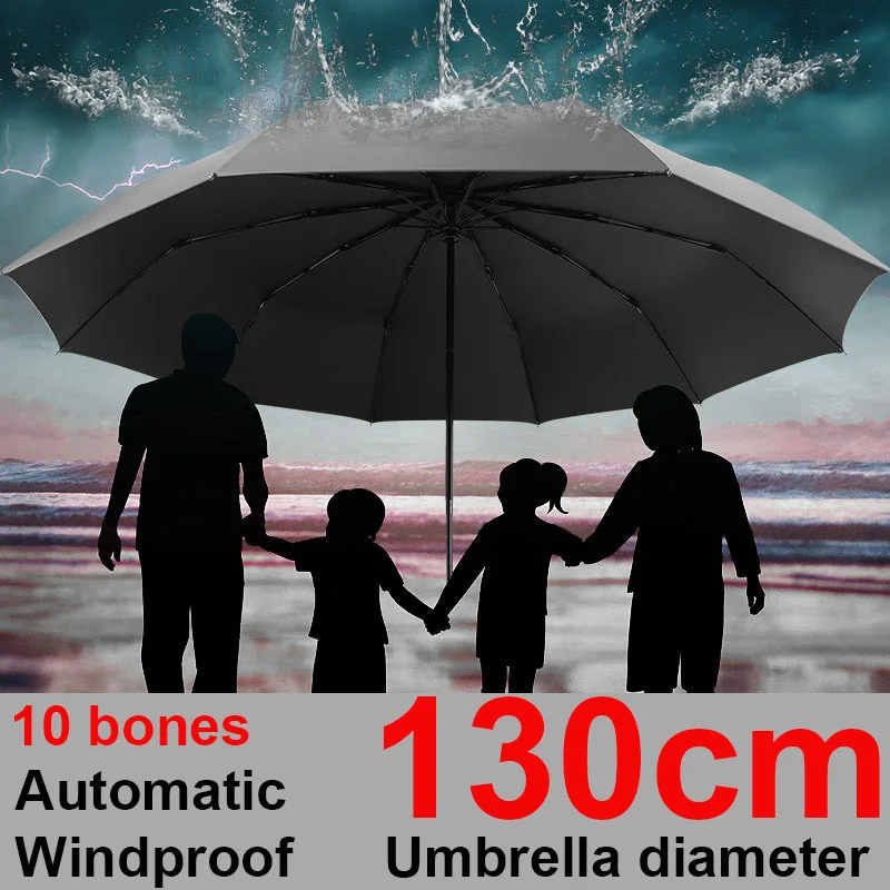 Windproof Umbrella Large Size Foldable Strong Windproof Travel Umbrella Rain Women Family 130cm Big Paraguas 3 Folding Rain Storm Umbrella for Men