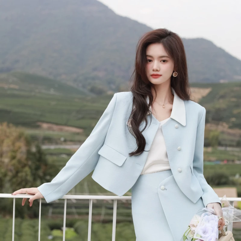 

Women's Wind Color Contrasting Flip Collar Suit Coat Skirt Set Vintage Single Breasted Flip Collar Suit Half Skirt Two Piece Set